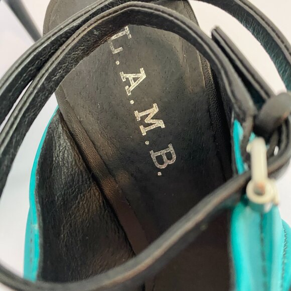 L.A.M.B. Bambi Pumps Teal Black Leather Heels 6.5 Ankle Strap - Picture 8 of 11
